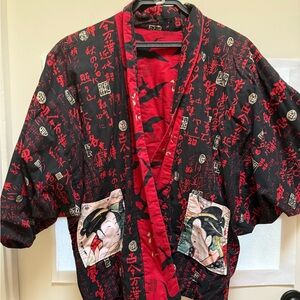 Graphic Cotton Quilted Black and Red Kimono Jacket completely reversible
